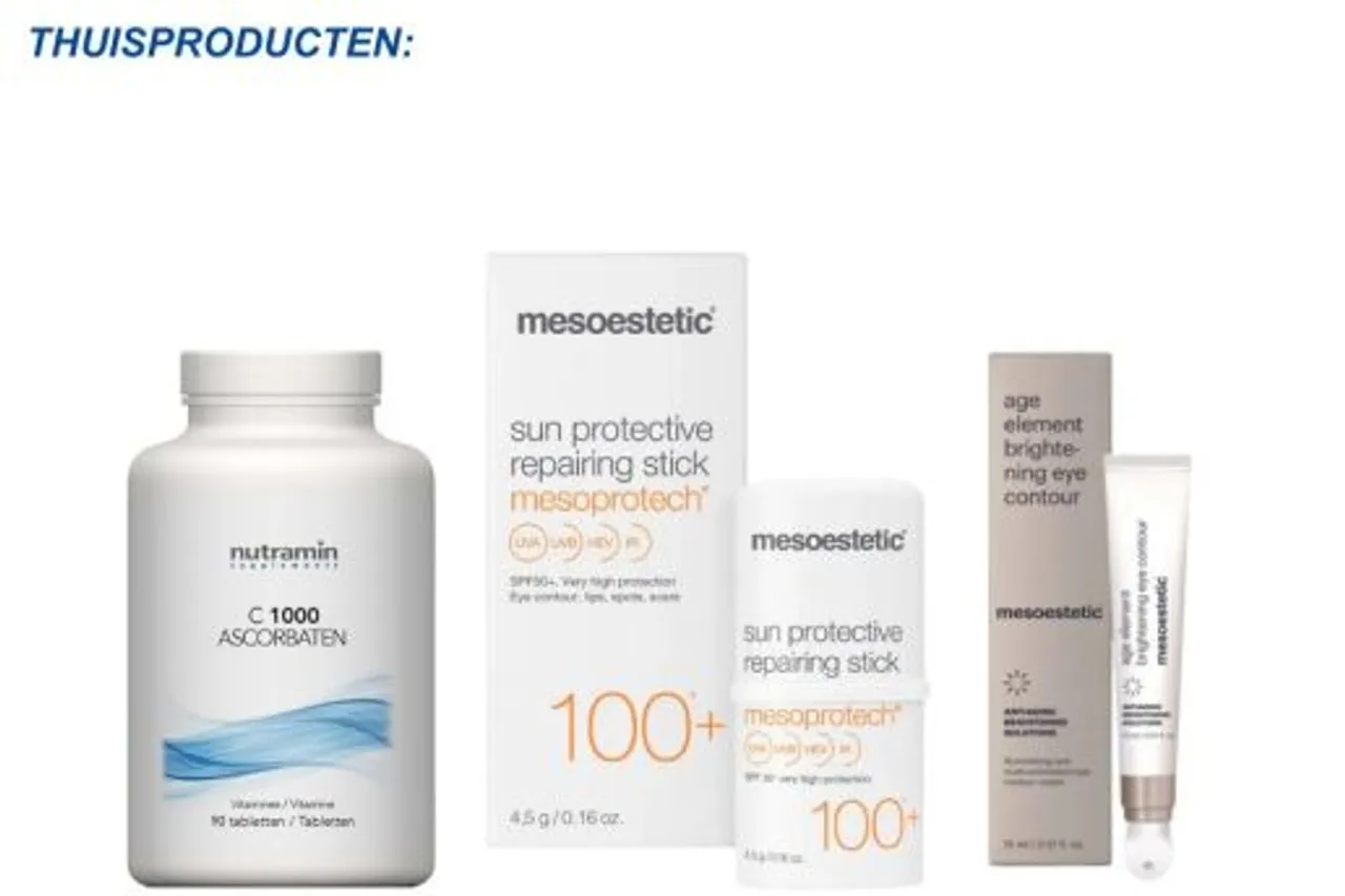 Thuisproducten van Mesoestetic voor huidverbetering en zonbescherming.
