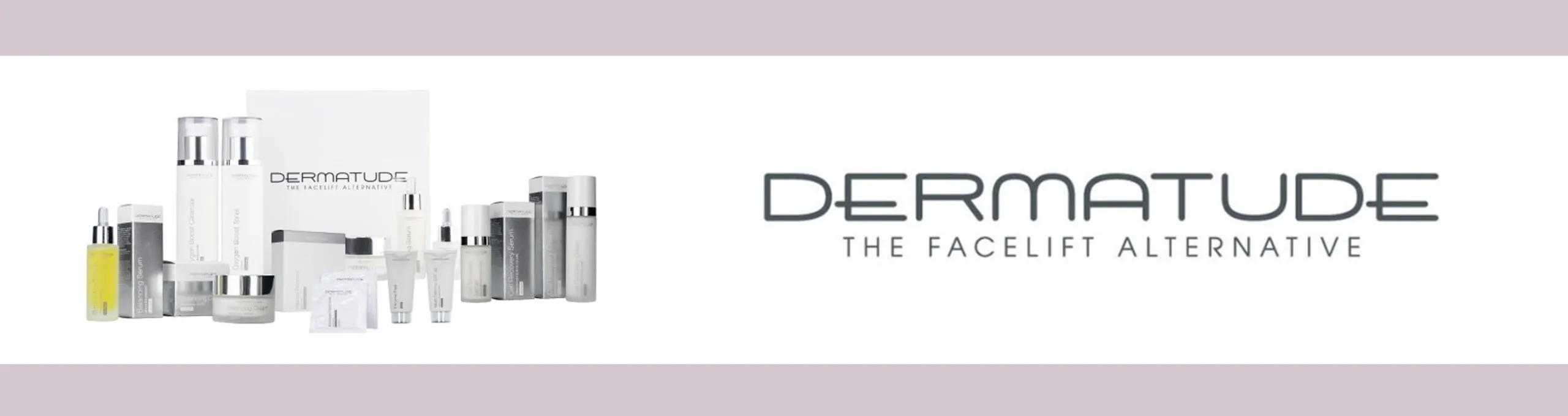 Een schoonheidsspecialist voert een Dermatude Meta Therapy-behandeling uit bij een vrouw die op een behandeltafel ligt, met een apparaat dat is aangesloten op een scherm. Rechts van de afbeelding staat het logo van Dermatude met de tekst "The Facelift Alt